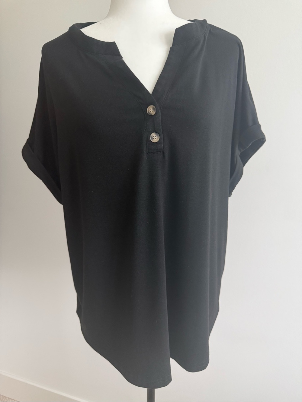 Relaxed Black Short Sleeve Henley Top